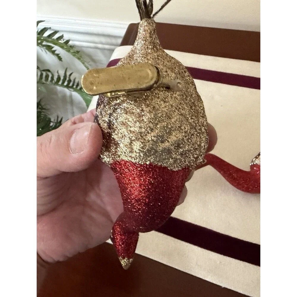 Vintage Red Glass Peacock Clip-on Ornaments Gold Glitter and Feather Tail 2 Pc